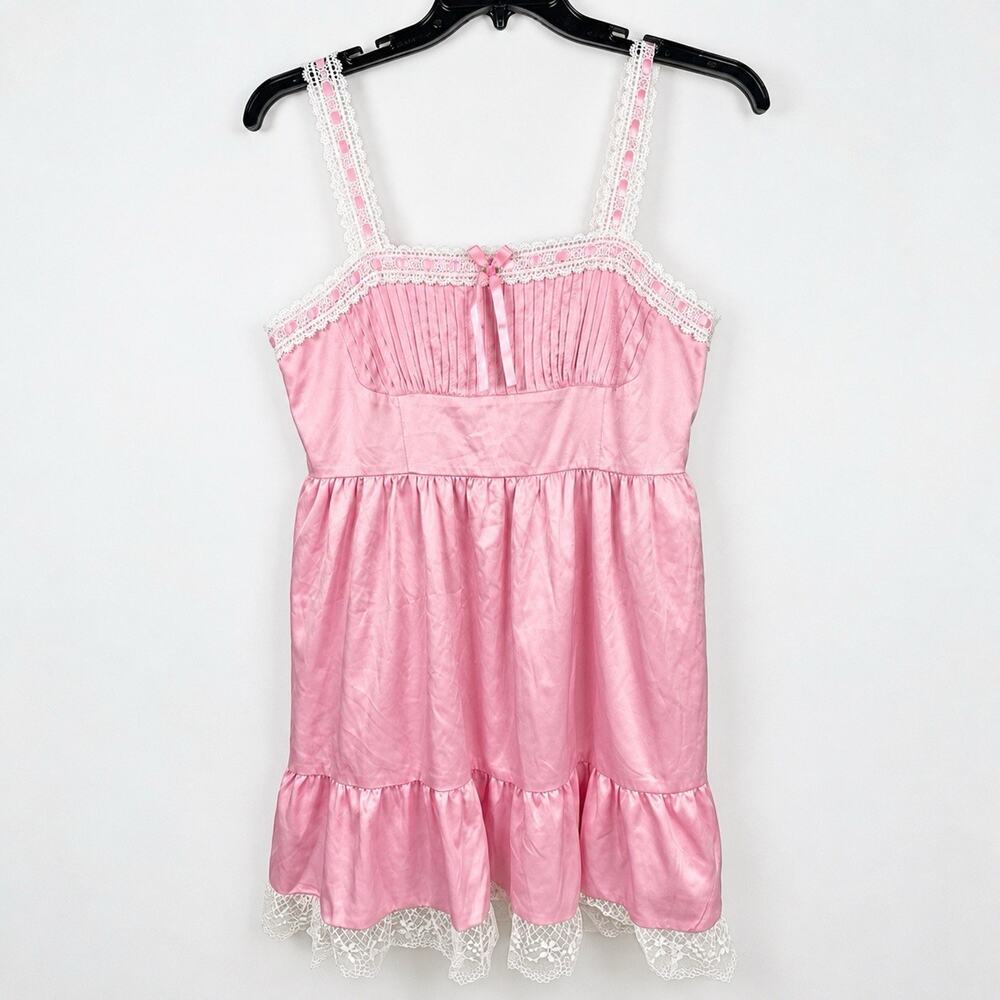 Sugar Thrillz L Pink Satin Lace Babydoll Mini Dress Coquette Dollette Bow Y2K